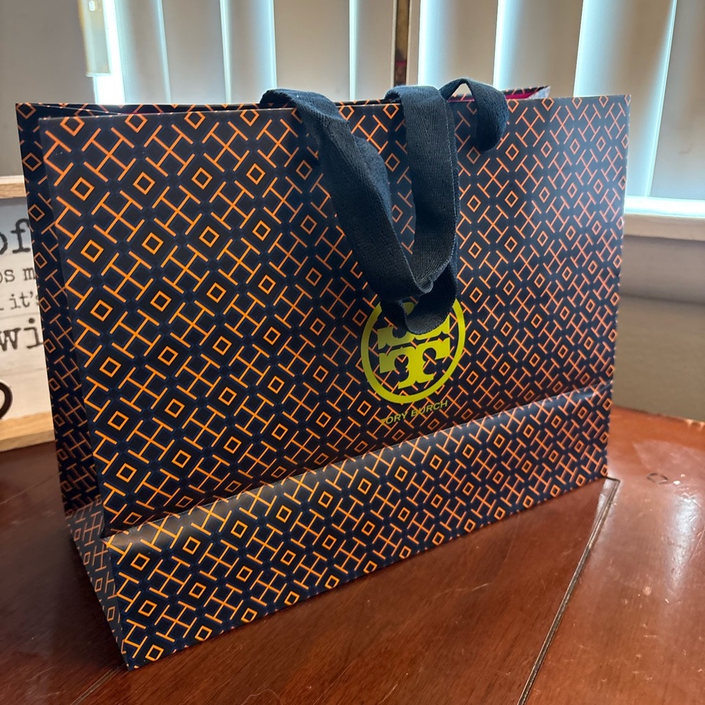 Tory Burch Black medium-large shopping tote w Orange Geometric Print Lime Logo